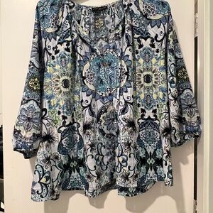 Lane Bryant Blue and Black Graphic 3/4 Sleeve Blouse